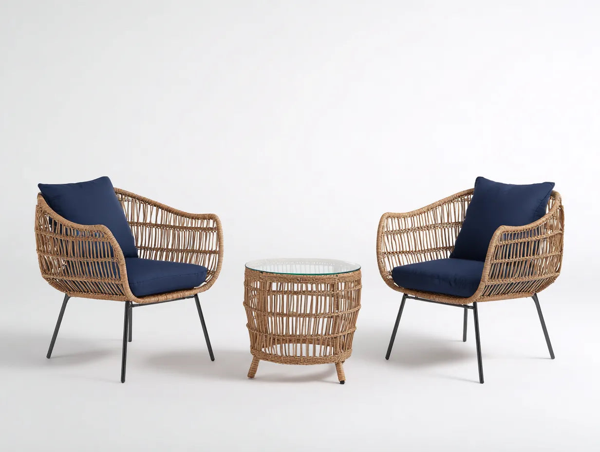 Conjunto de mesa y sillas para terraza de ratán sintético 50 × 50 × 45 cm - marrón y azul - diseño exterior confortable