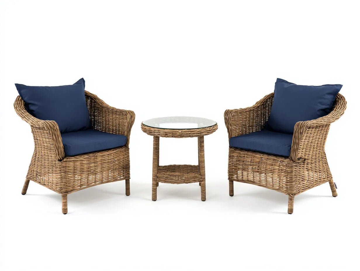 Conjunto de mesa y sillas para terraza de ratán sintético 63 × 60 × 82 cm - marrón/azul - conjunto exterior con estilo natural