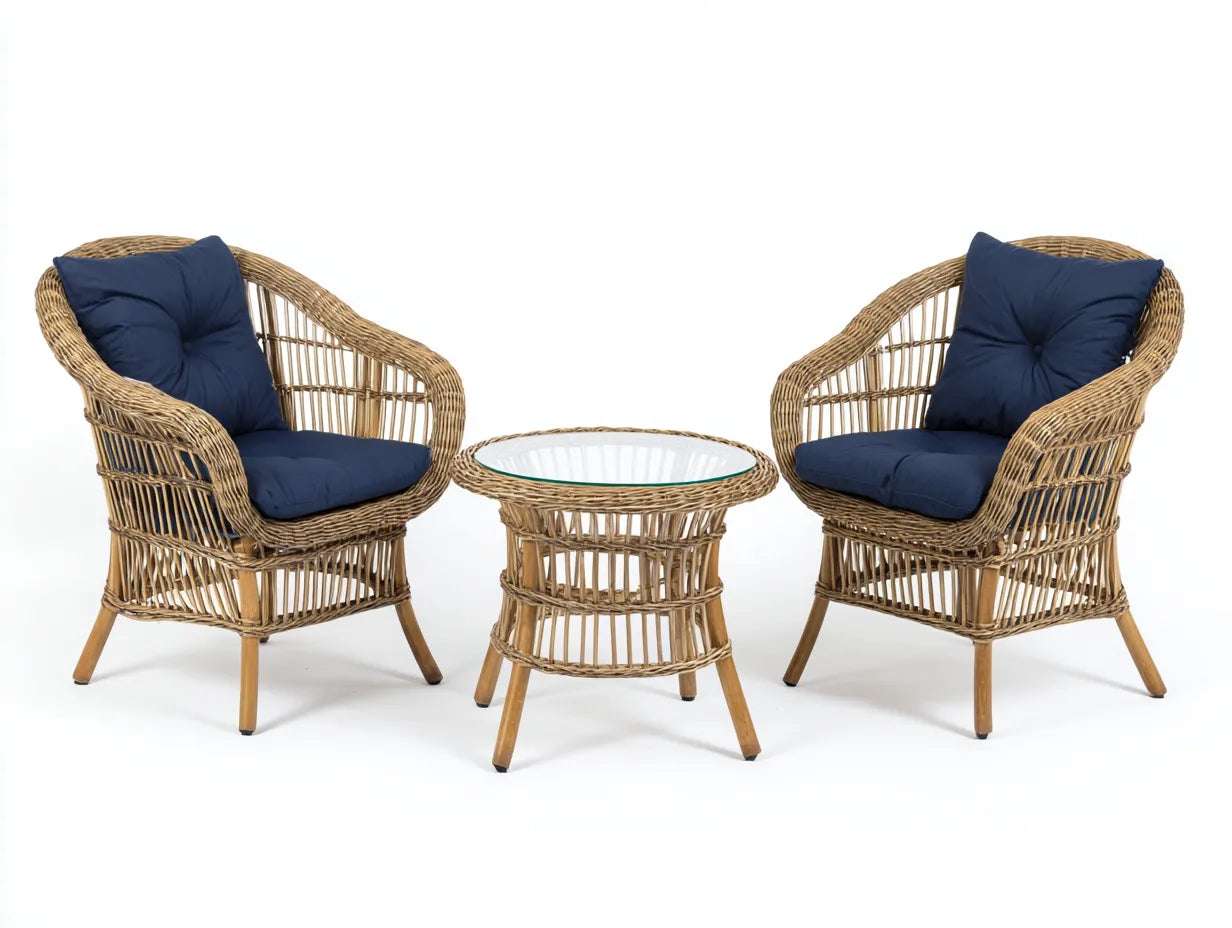 Conjunto de mesa y sillas para terraza de ratán 60×60×55 cm - natural/azul - con mesa redonda de cristal